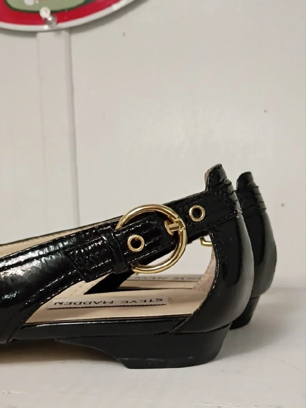 Steve Madden Black Patent Slingback Flats with Gold Buckle Accent